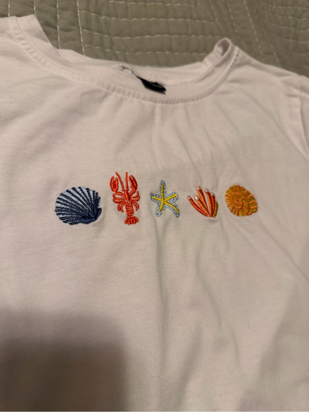New White Embroidered Seashell Tee